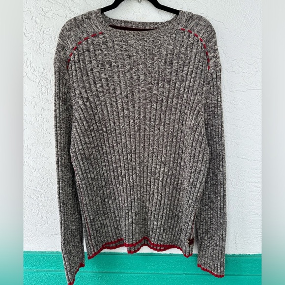 Timberland Sweater Heavy Knit Cotton Gray Marled Red Trim Ribbed Long Sleeve 3X - Picture 1 of 7
